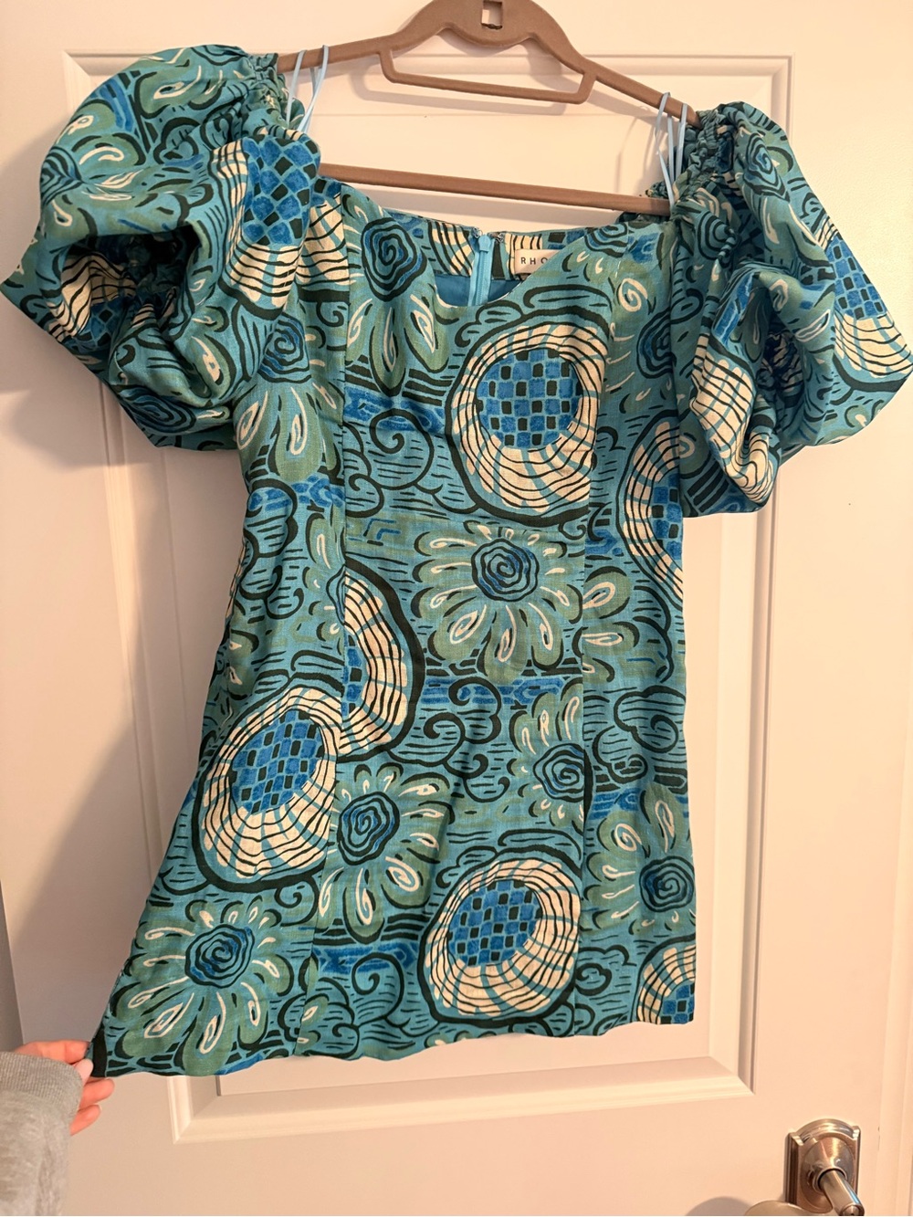 RHODE Turquoise Printed Puff Sleeve Mini Dress